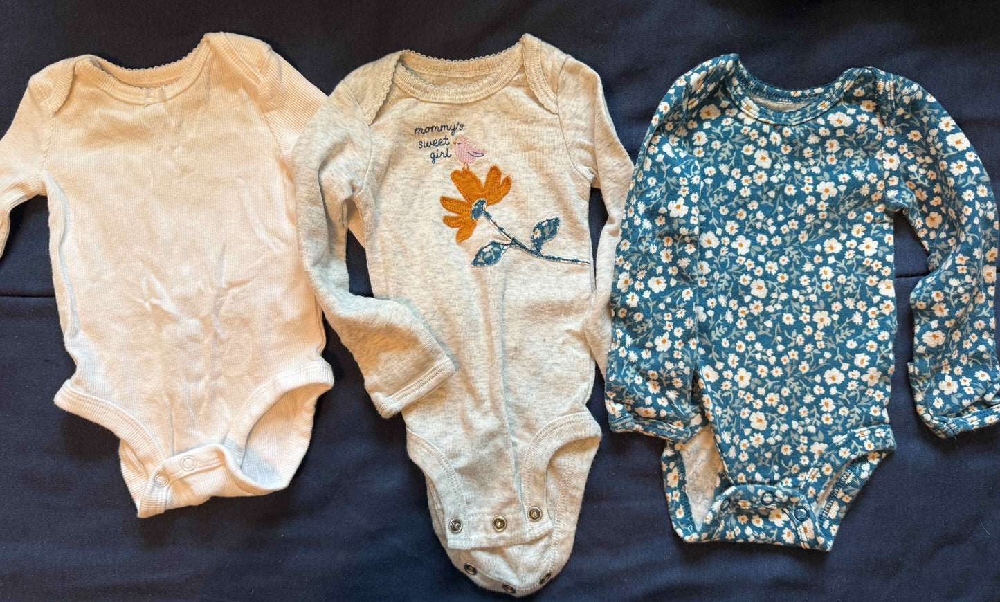 SELLER #6 NB (3) Long Sleeve Carters - White, Bird Sweet Girl, Blue Flower