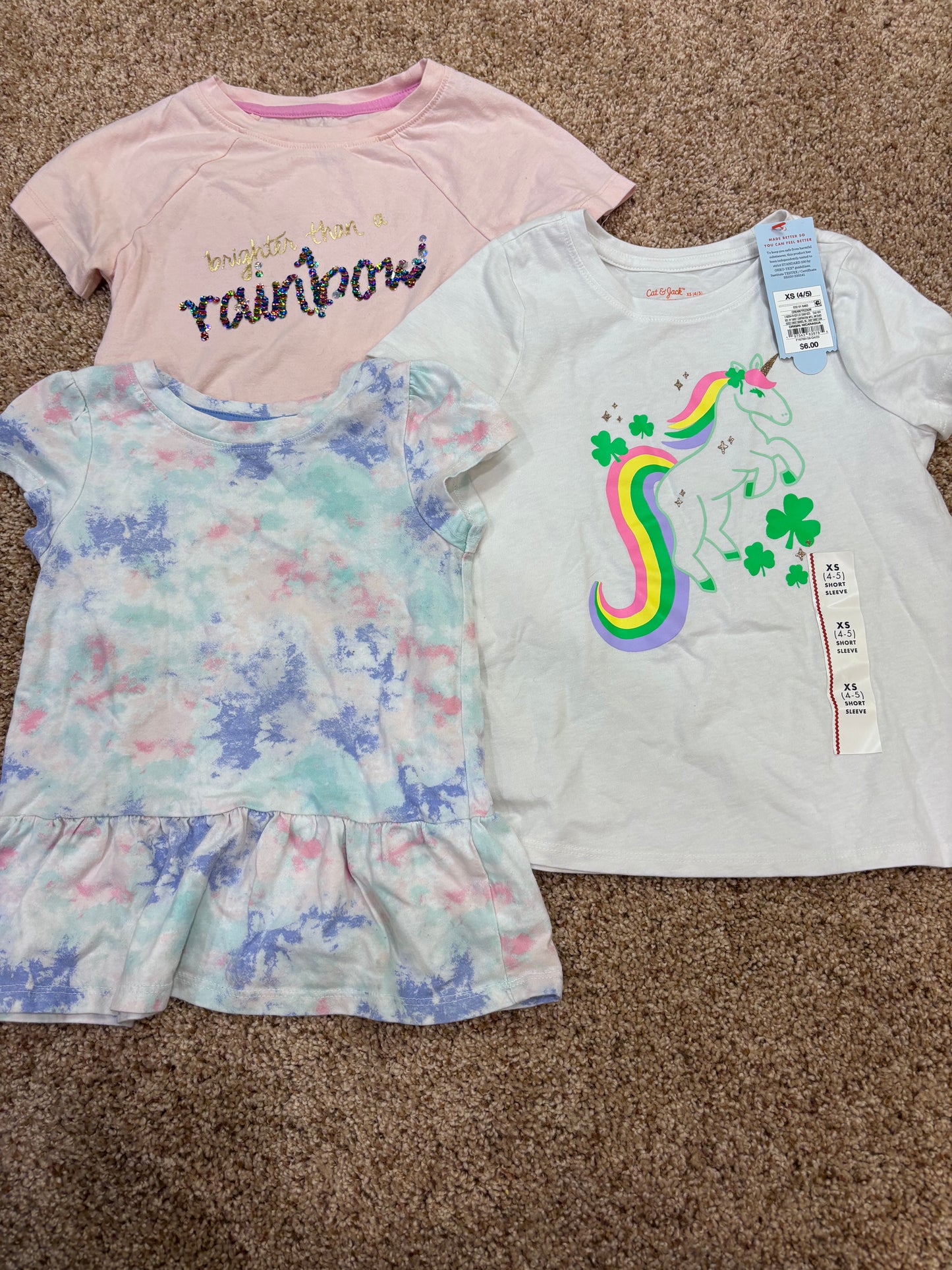 #73 girls cat and jack 4/5 shirts, one new with tag for st Patricks day