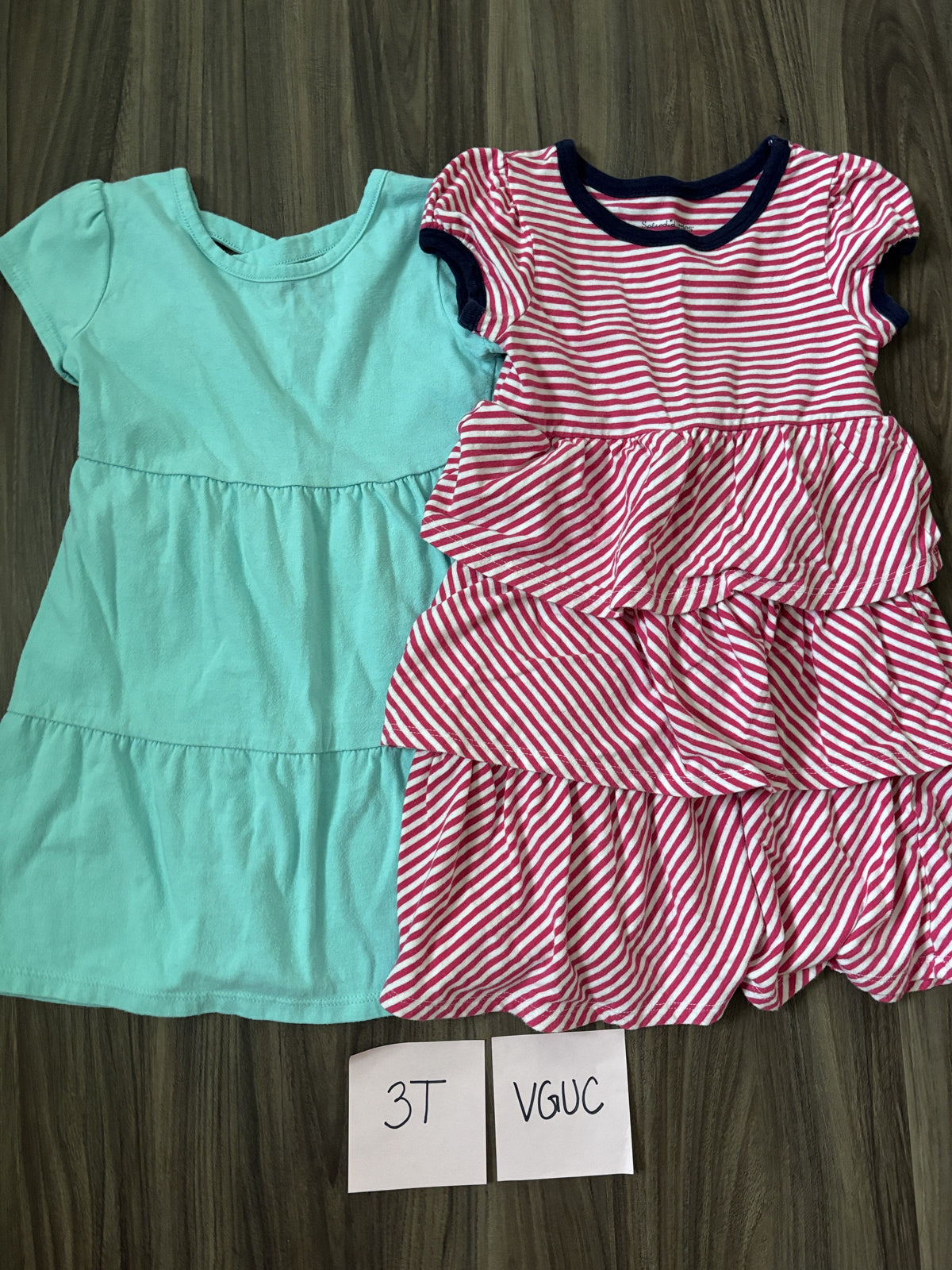 #138 - 3T VGUC (2) Dresses (Teal + Pink/white striped)