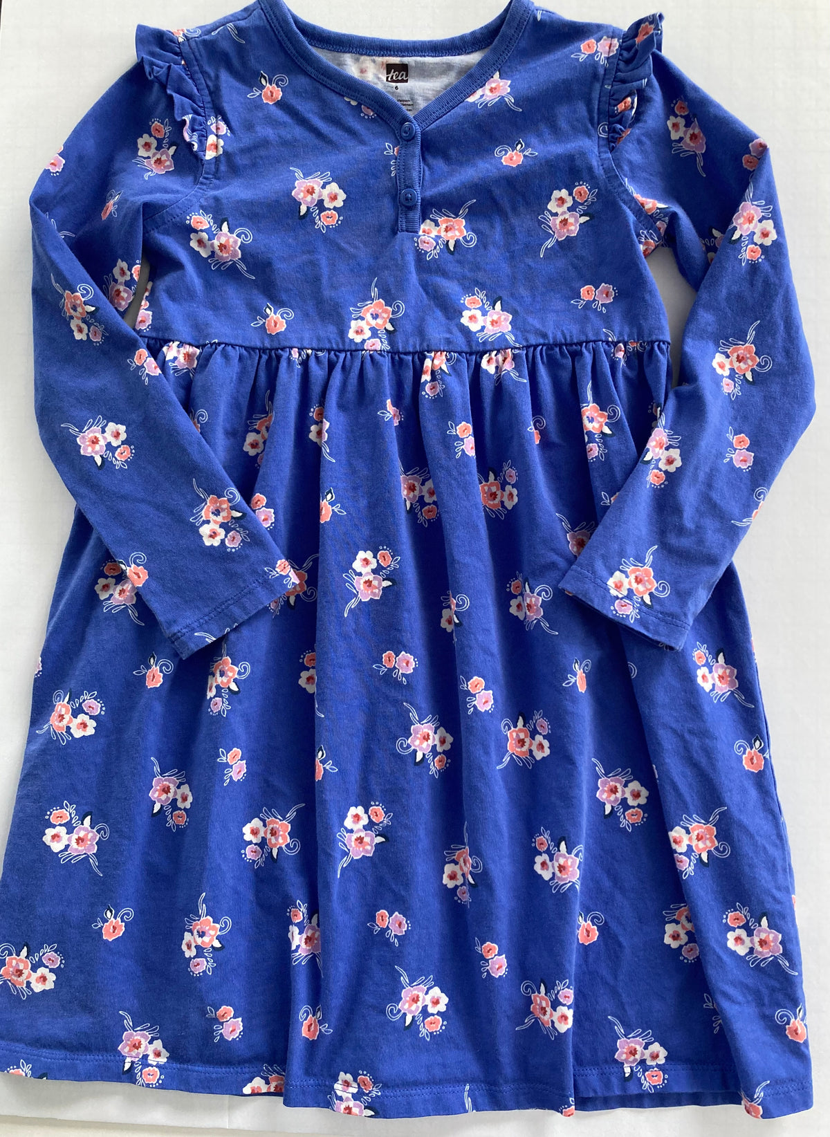 Seller #91 Girls' size 6 Tea Collection ruffle shoulder dress in blue floral EUC