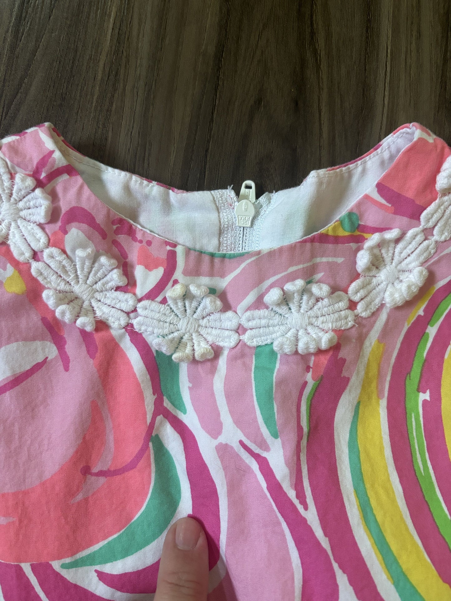 #77 - 2T GUC Lilly Pulitzer Pink/Green Dress (slight discoloration on neck)