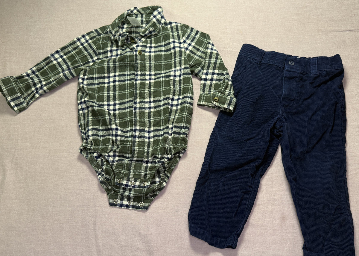 #103 18m Navy Courderoy Pants/Green Plaid Onesie