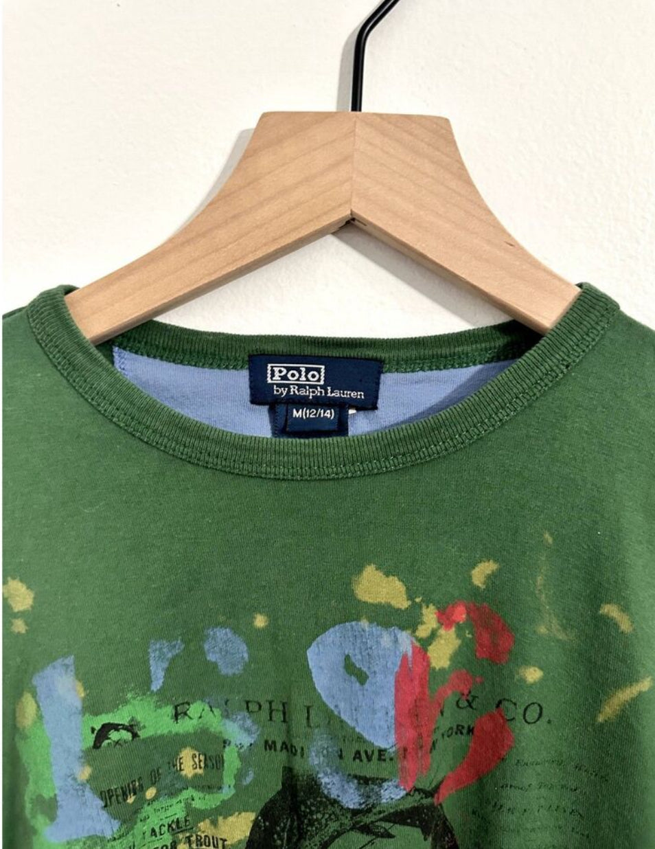 #111 Polo Ralph Lauren Boys Vintage Paint Splatter Fish Print Green T-Shirt MED