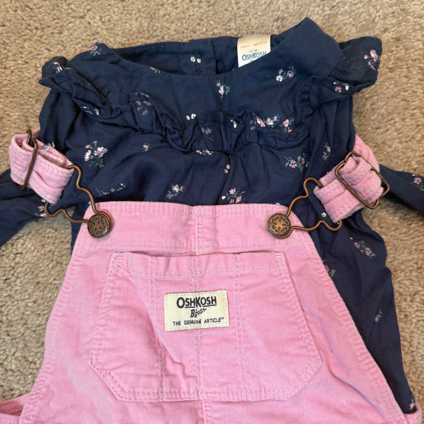 #139 18M Oshkosh Pink Coveralls with log sleeve collar navy blue shirt