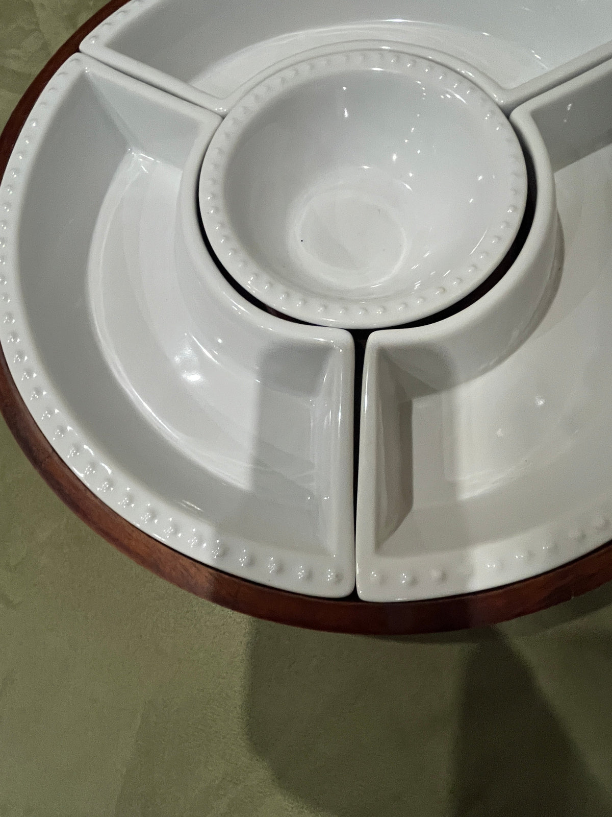 135 Divided glass serving platter with Solid wood tray on bottom, BN