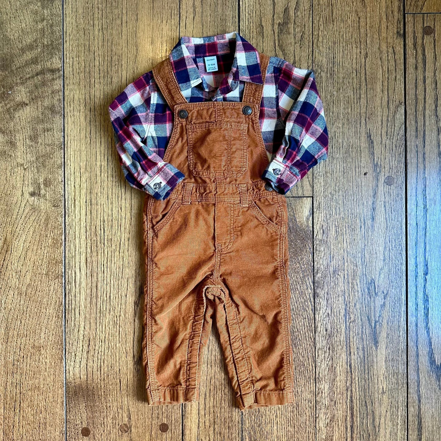 #95 EUC Boys Old Navy Plaid Flannel with Brown Courderoy Overalls, size 12-18 months REDUCED