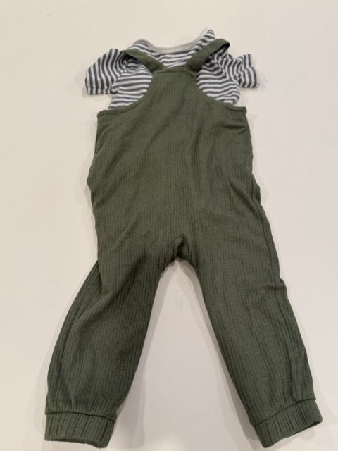 #9 - Cat & Jack - Green Overalls with Grey & White Striped Onesie Infant's SIZE 12M