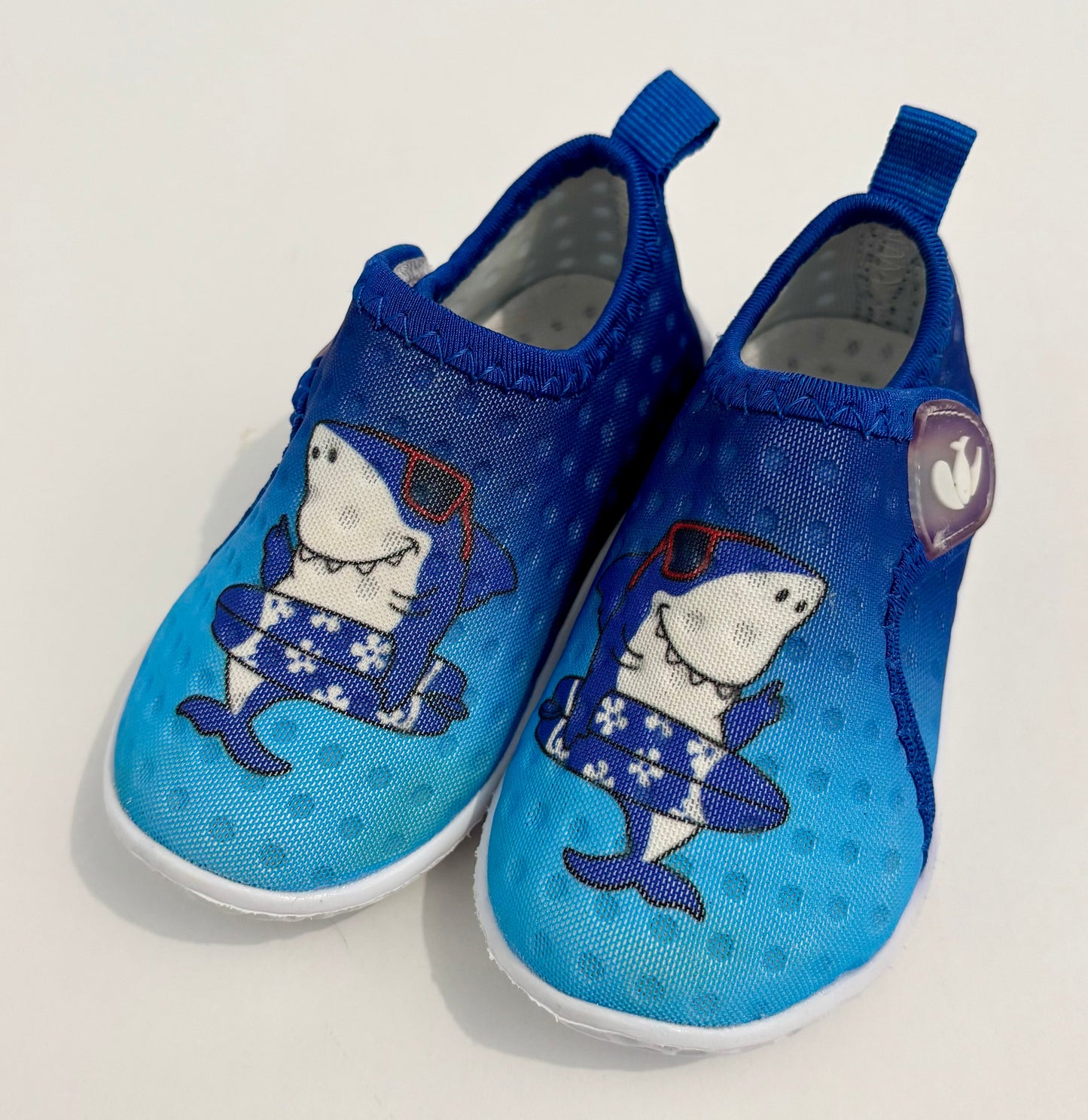 #132 - REDUCED - Blue/Shark Barefoot Water Shoes with Velcro Closure, Size 12-18M - LIKE NEW!