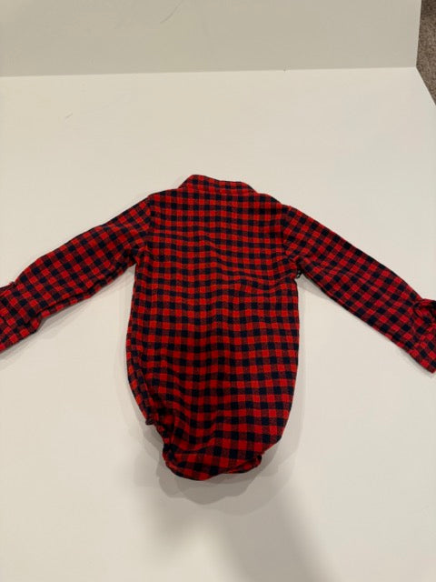 #9 - Big Elephant - Red/Navy Buffalo Check Long Sleeve Button Down Onesie Infant's SIZE 90 (12M) REDUCED