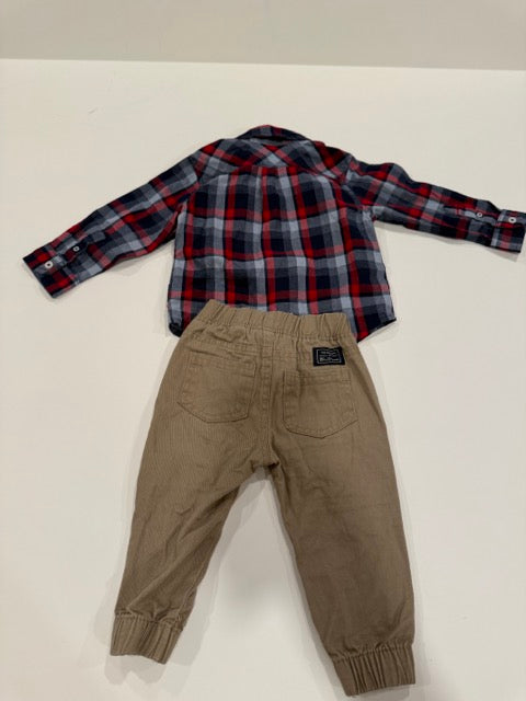 #9 - Ben Sherman - Red/Navy Plaid Button Down Shirt with Beige Pants Toddler SIZE 12M REDUCED