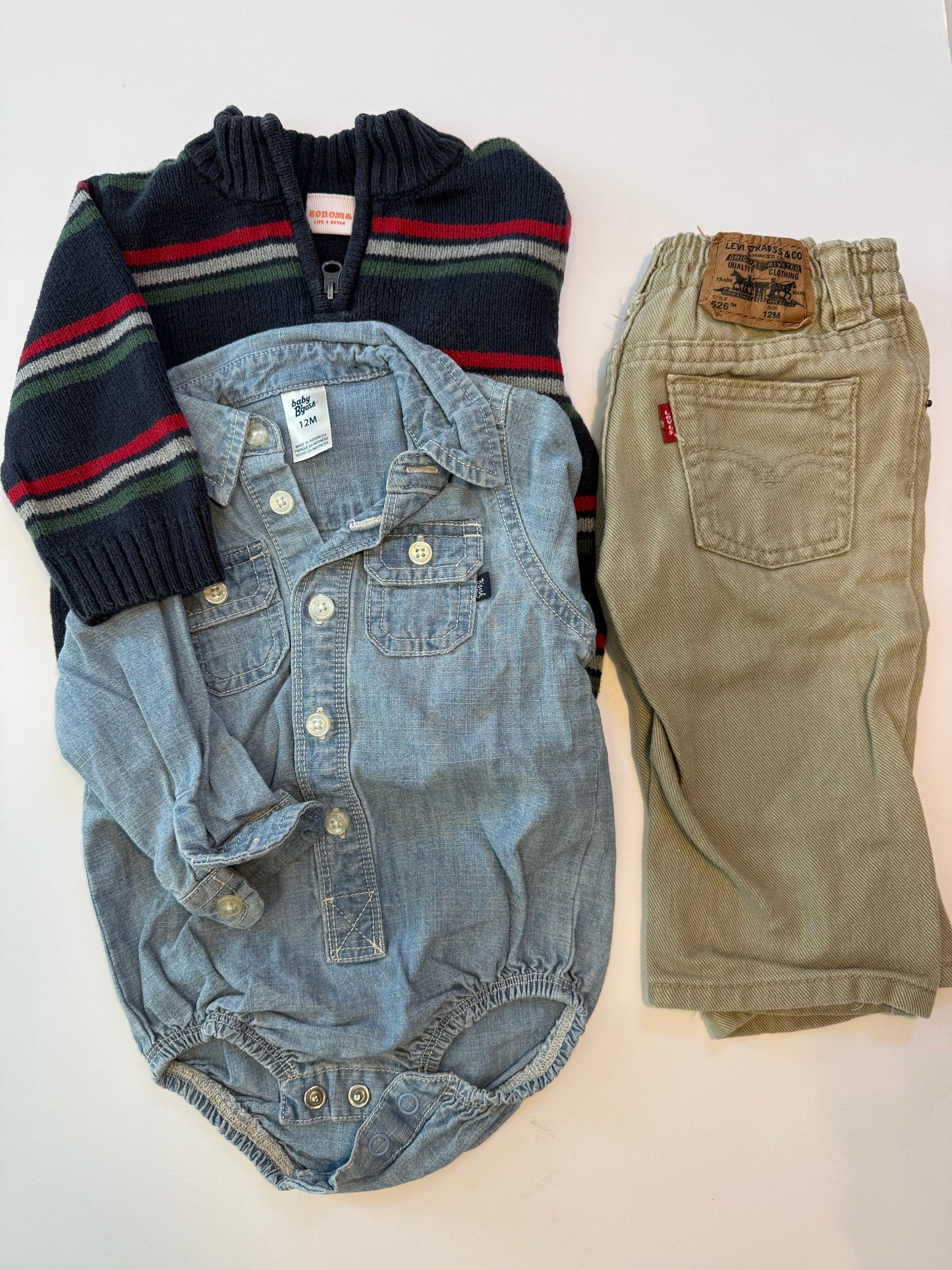 Seller #12 Boys 12mo Levi's pants, Bonoma sweatshirt, byBigosh denim shirt