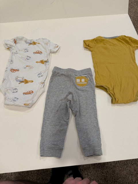#9 - Carters - Mustard Car and White Airplane/Car/Helicopter Print Shortsleeve Onesies with Grey Pants Toddler SIZE 24M