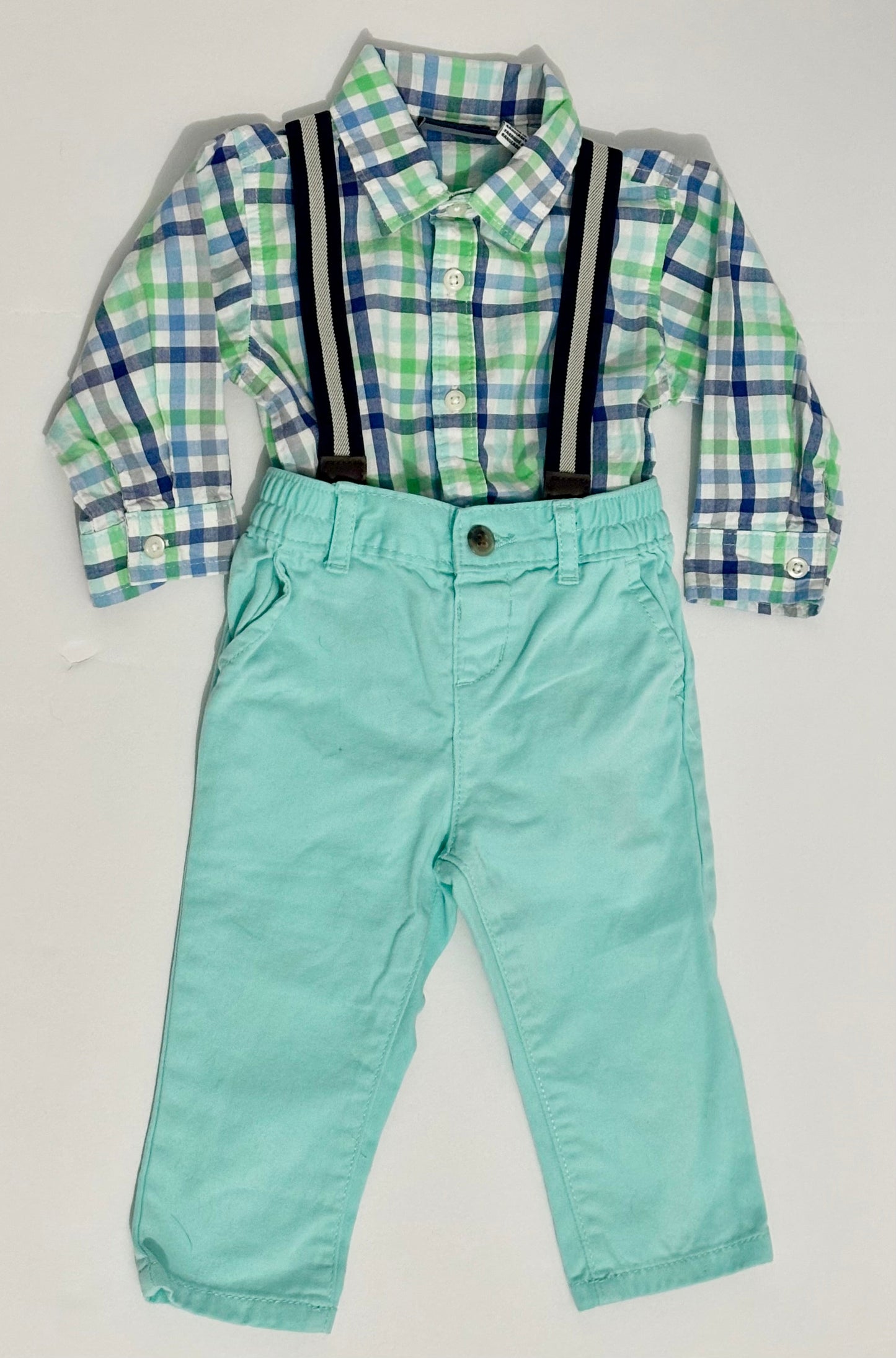 #132 - REDUCED- The Children's Place: Plaid Poplin Bodysuit & Chino Suspender Pants & Bow Tie Set, 9-12M