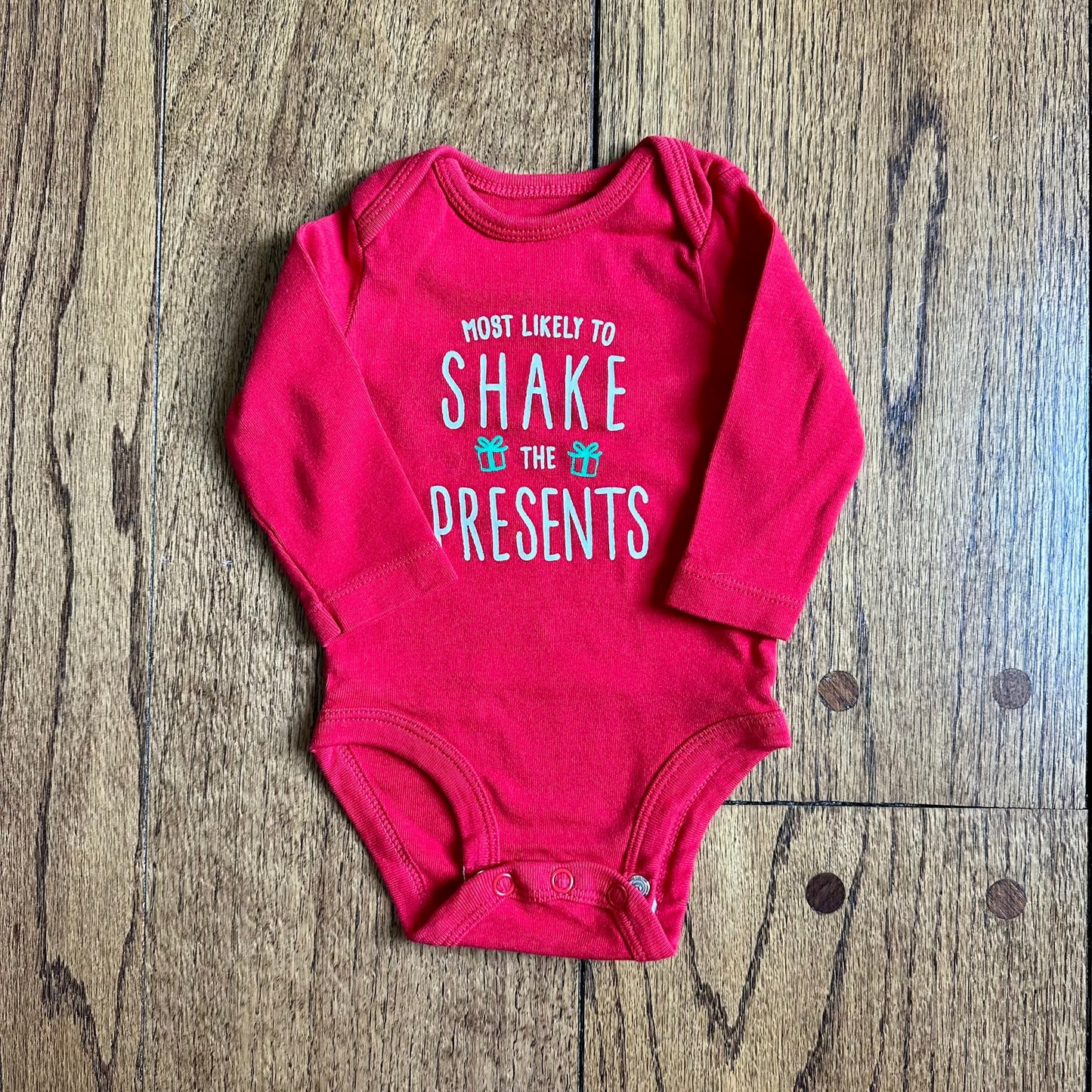 #95 EUC Carters "Most Likely to Shake Presents" Christmas Holiday Onesie, size 3 months