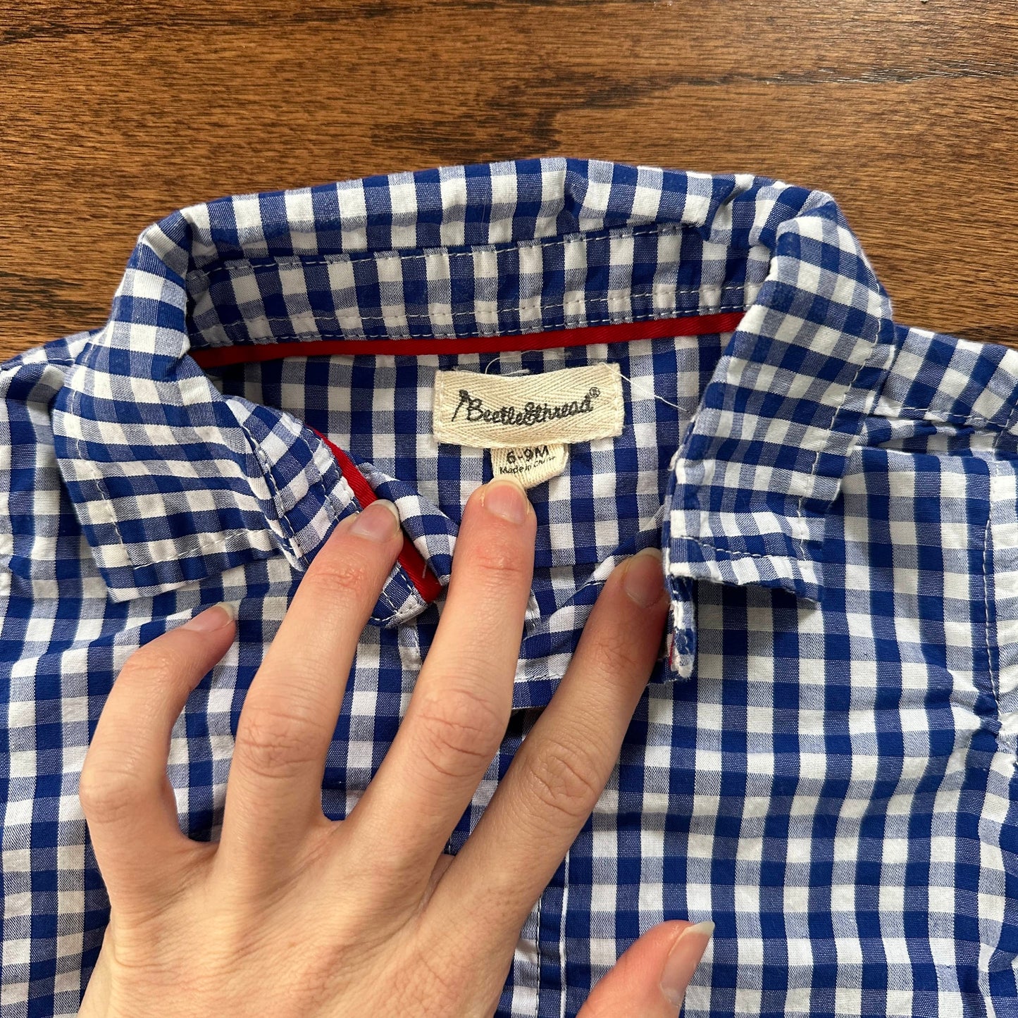 #95 EUC Boys Beetle & Thread Blue Gingham Button Down shirt, size 6-9 months