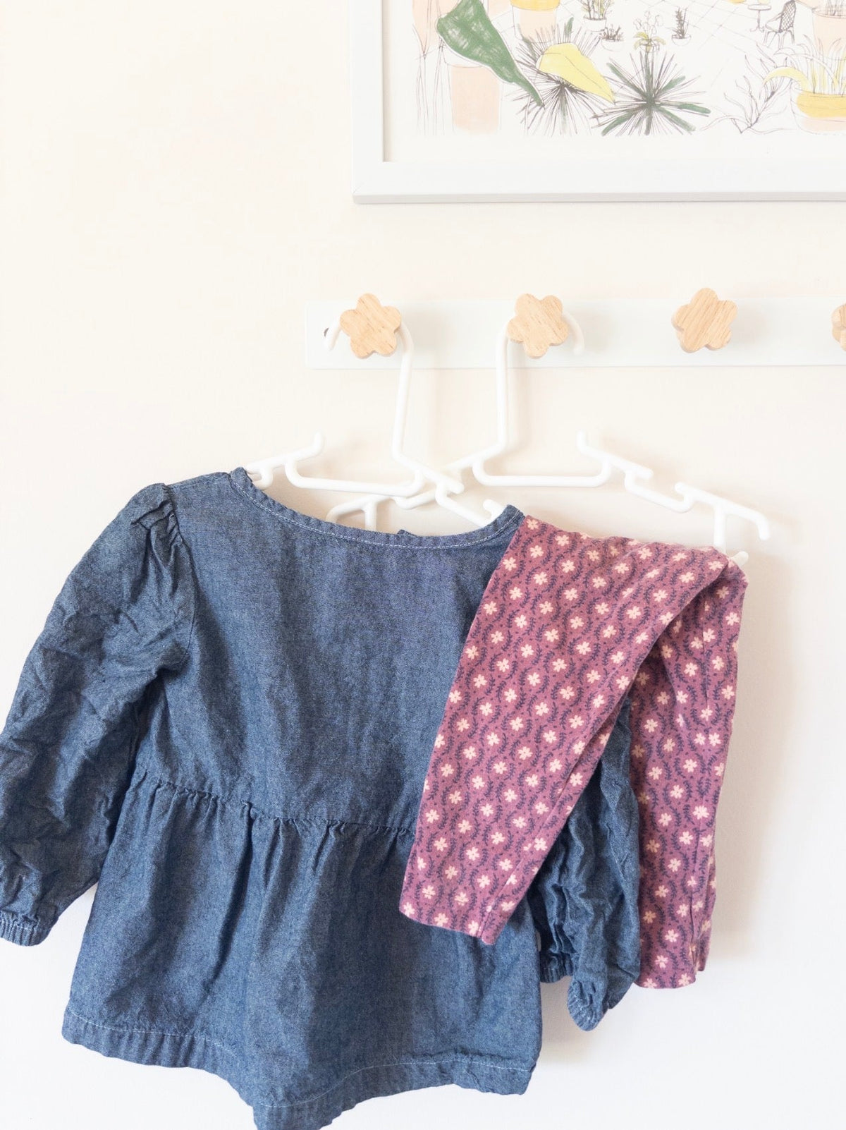 #36- girls 18 mo simple joys outfit with floral pants and denim shirt GUC