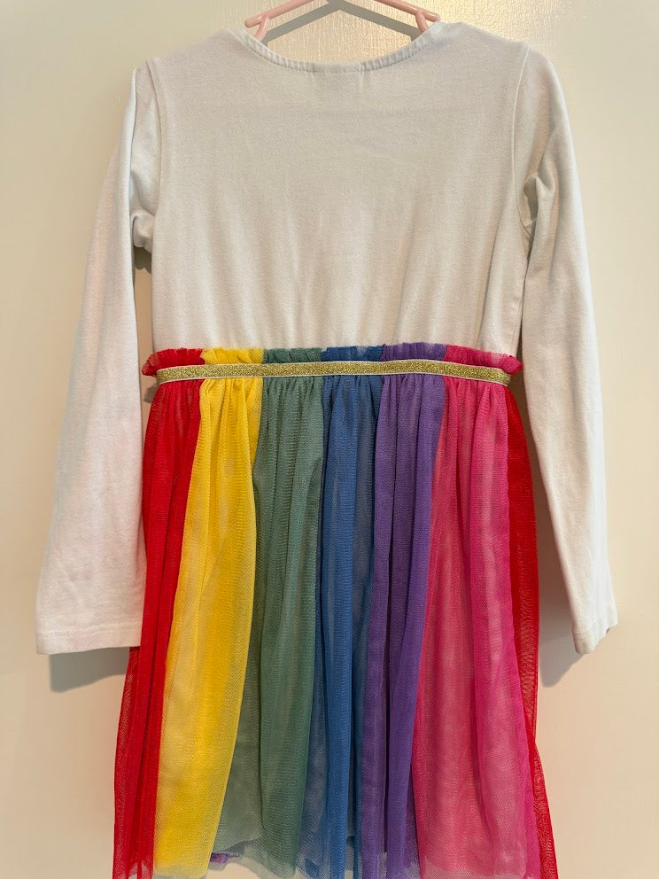 #9 Girls Hanna 110 (5) White Dress with Rainbow Tulle Bottom