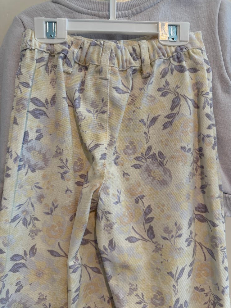 #9 Girls XS (4) Purple Flower Pants with "LOVE" Floral Crewneck Top _ EUC