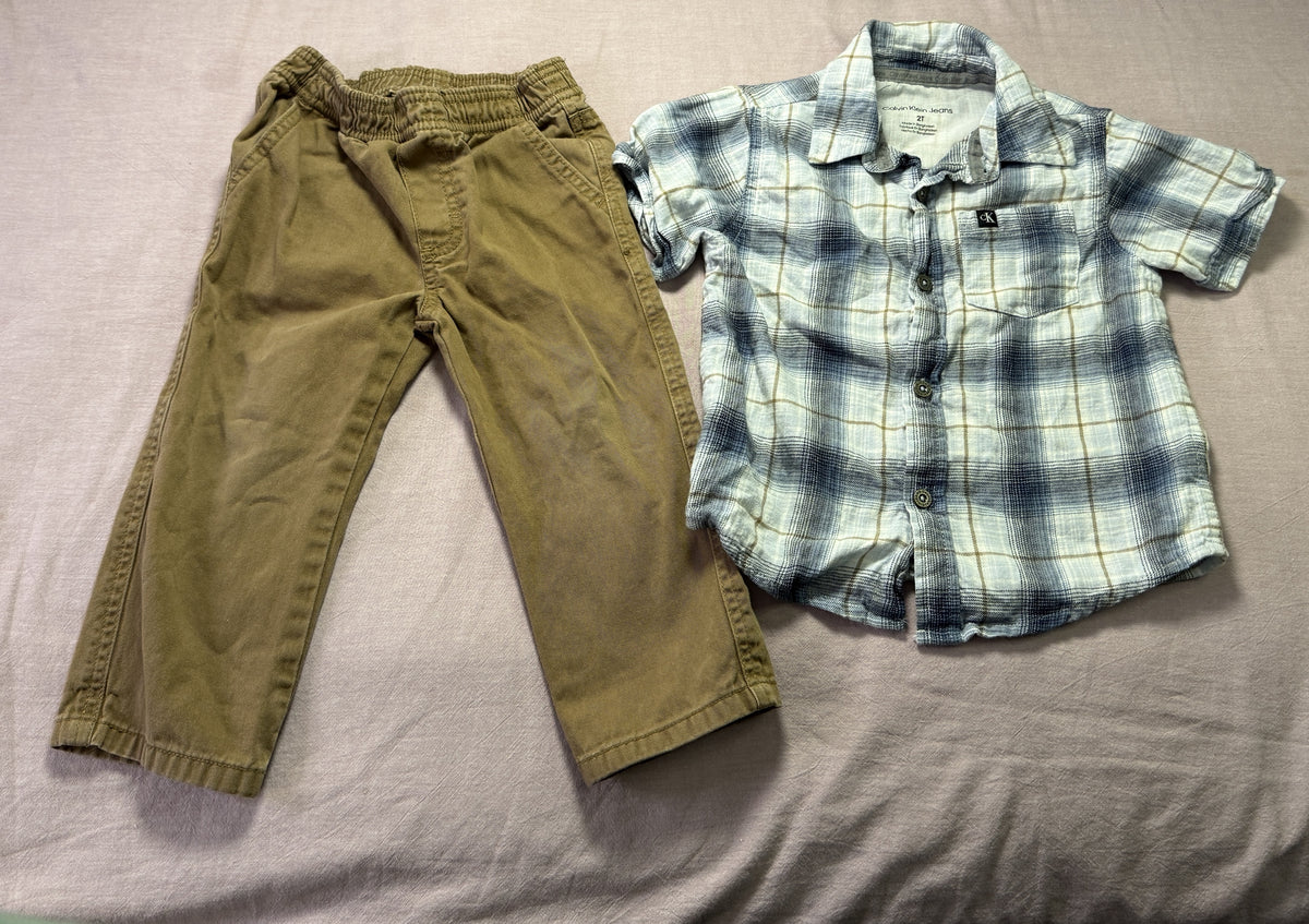 #103 Calvin Klein 2T Plaid Shirt/Khaki Pants Set