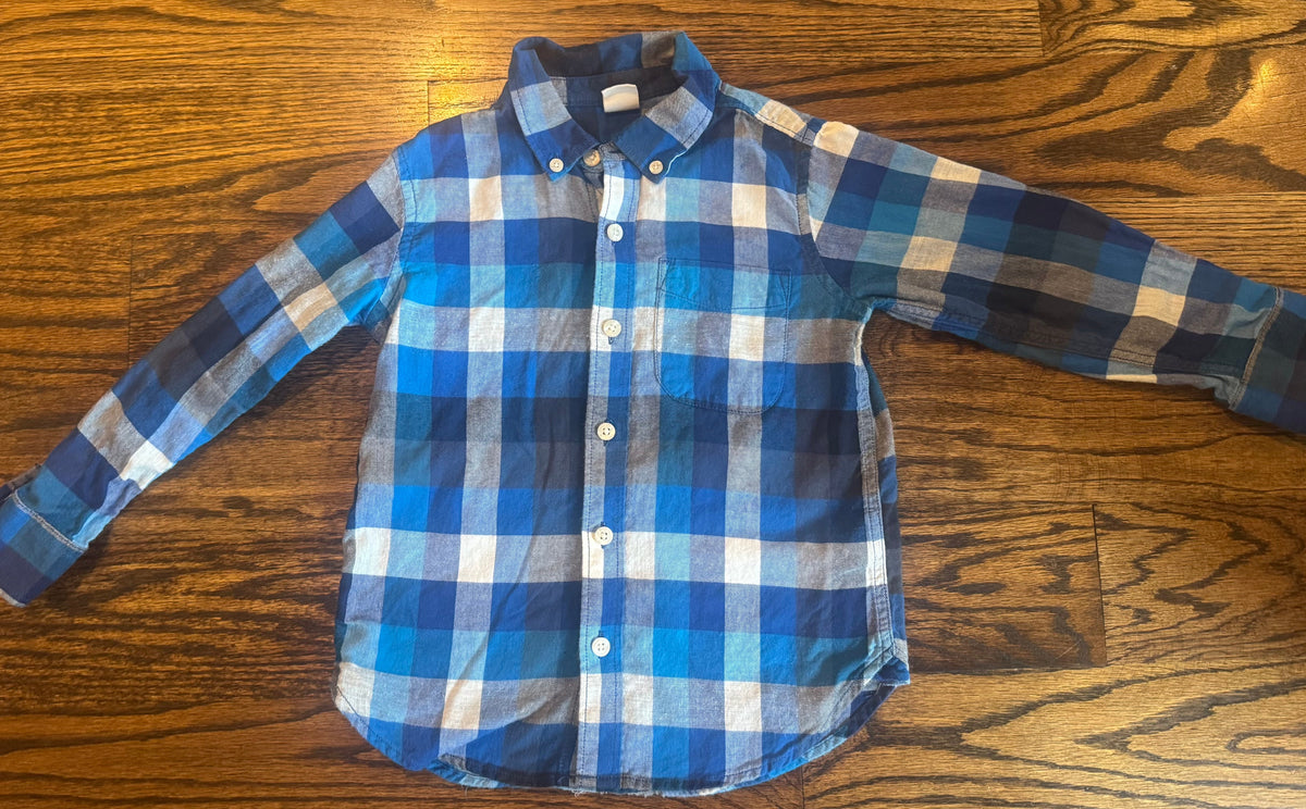#75 Gap Boys Blue Plaid Button Down, Size 5T