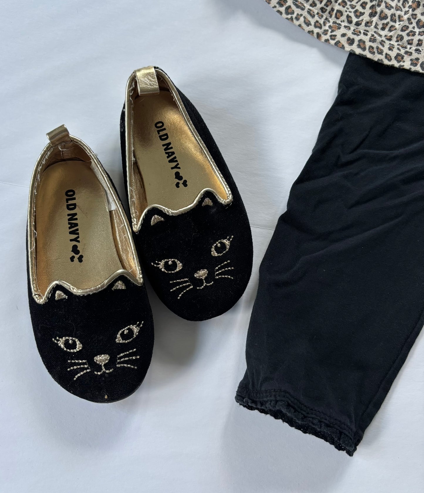 #101 Gap Leopard Ruffle Shirt Black Legging Cat Shoe Outfit Girls Size 18-24