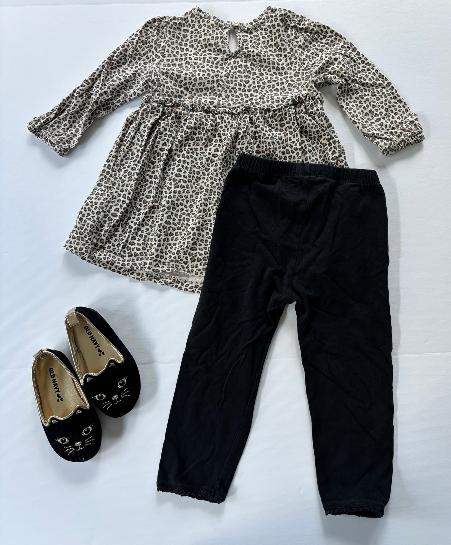 #101 Gap Leopard Ruffle Shirt Black Legging Cat Shoe Outfit Girls Size 18-24