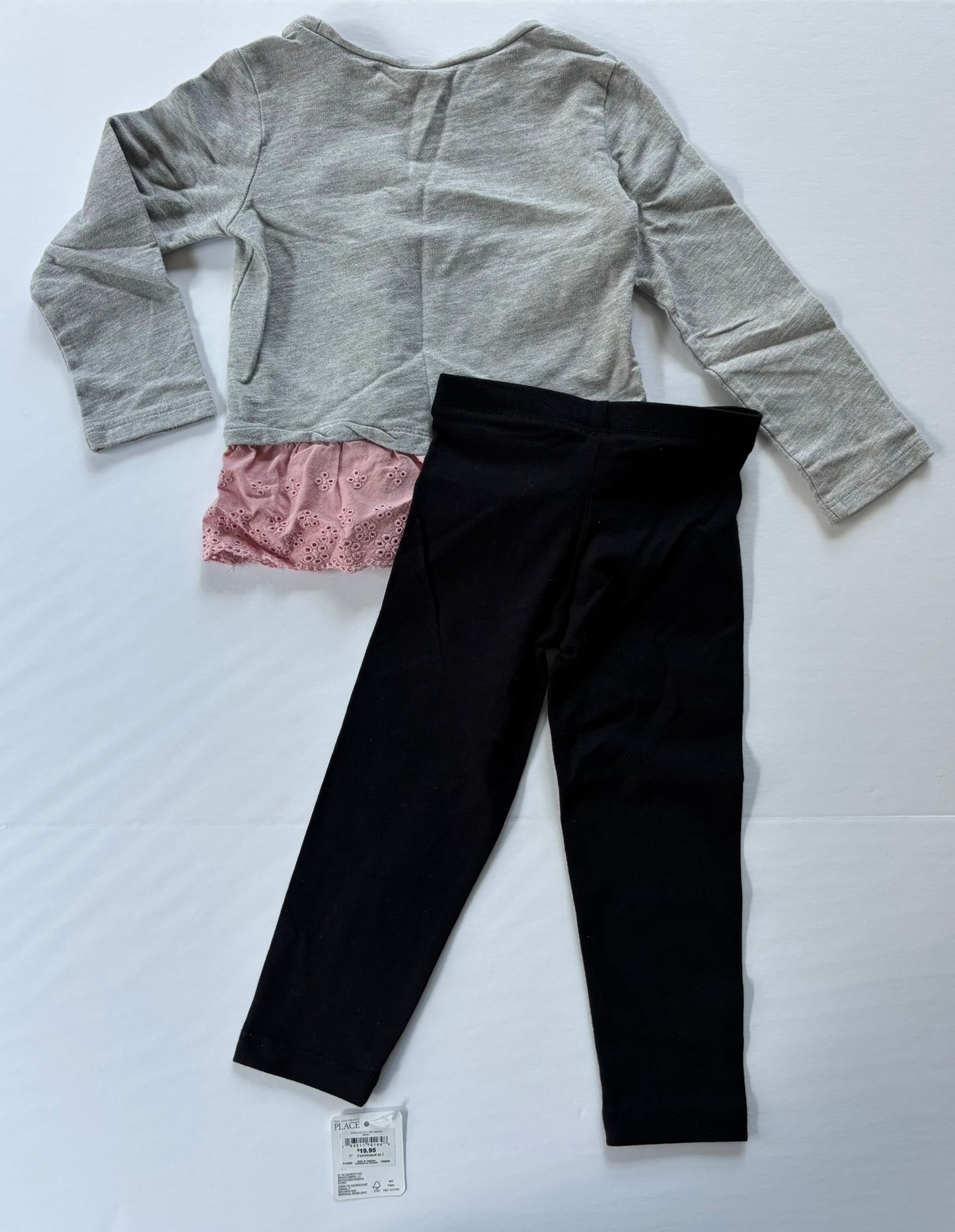 #101 Oshkosh Gray Pink Layered Eyelet Shirt NWT Black Legging Outfit Girls Size 2T