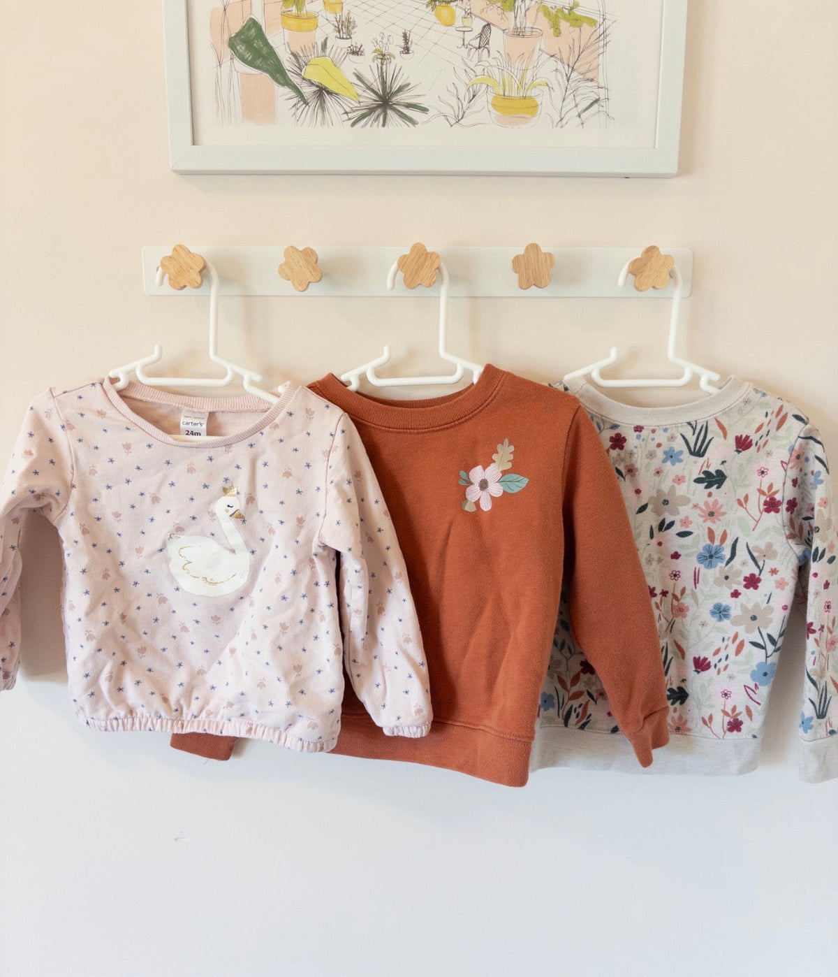 #36 - 24 mo girls sweat shirts. Pink swan, terracotta floral, gray floral. GUC