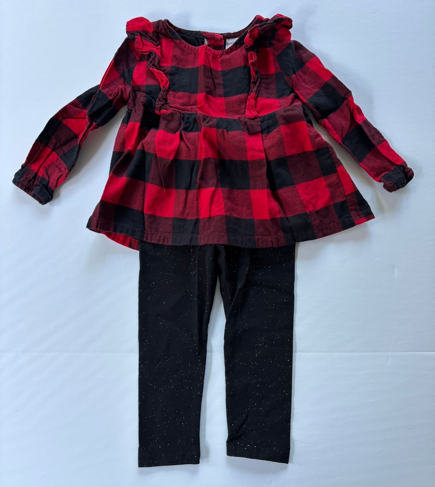 #101 Carter's Plaid Ruffle Shirt Cat & Jack Sparkle Leggings Outfit Girls Size 2T