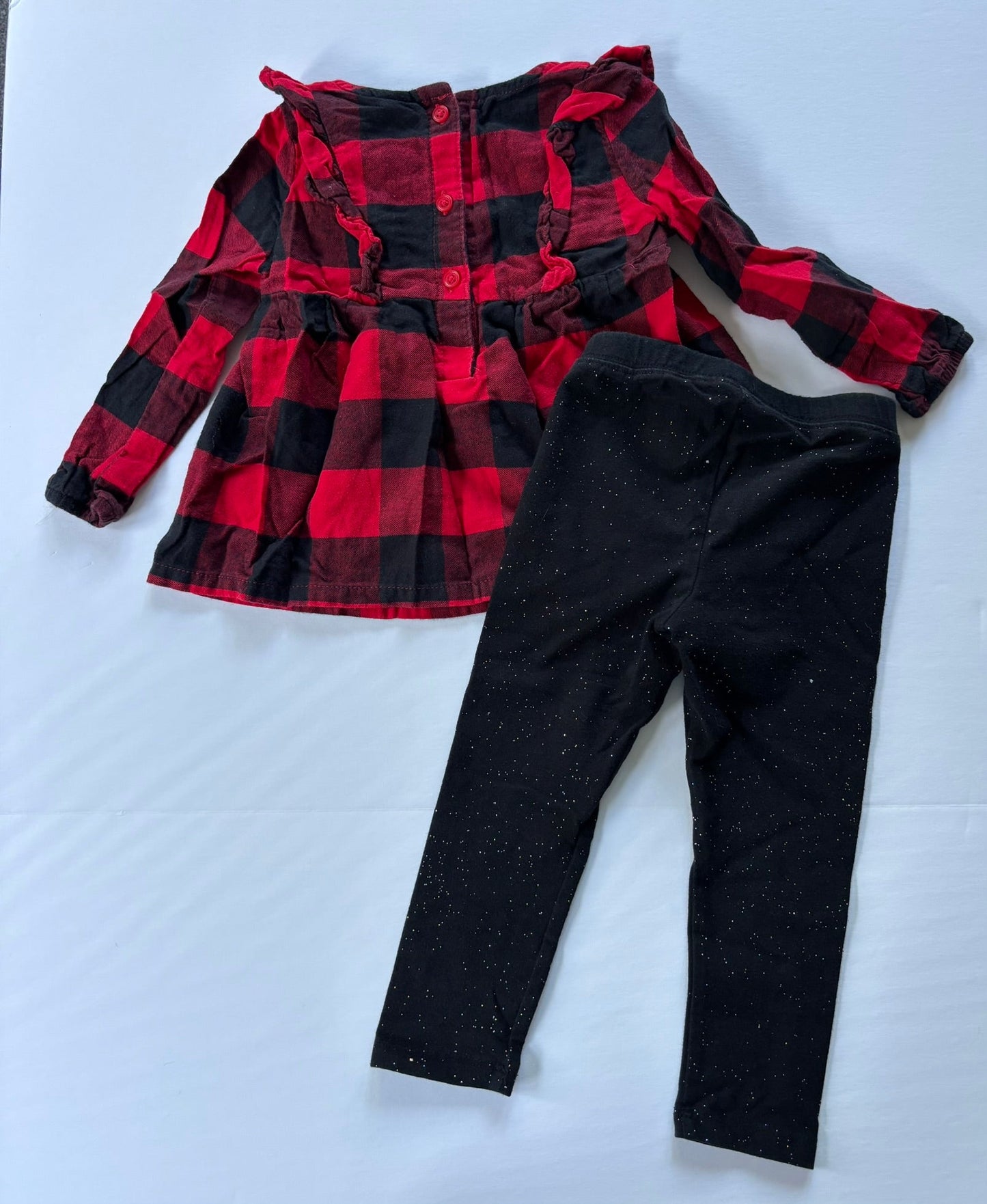#101 Carter's Plaid Ruffle Shirt Cat & Jack Sparkle Leggings Outfit Girls Size 2T