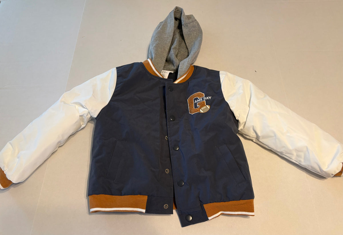 #25 Boys 5T Flapadoodles hooded jacket with football on front - brand new