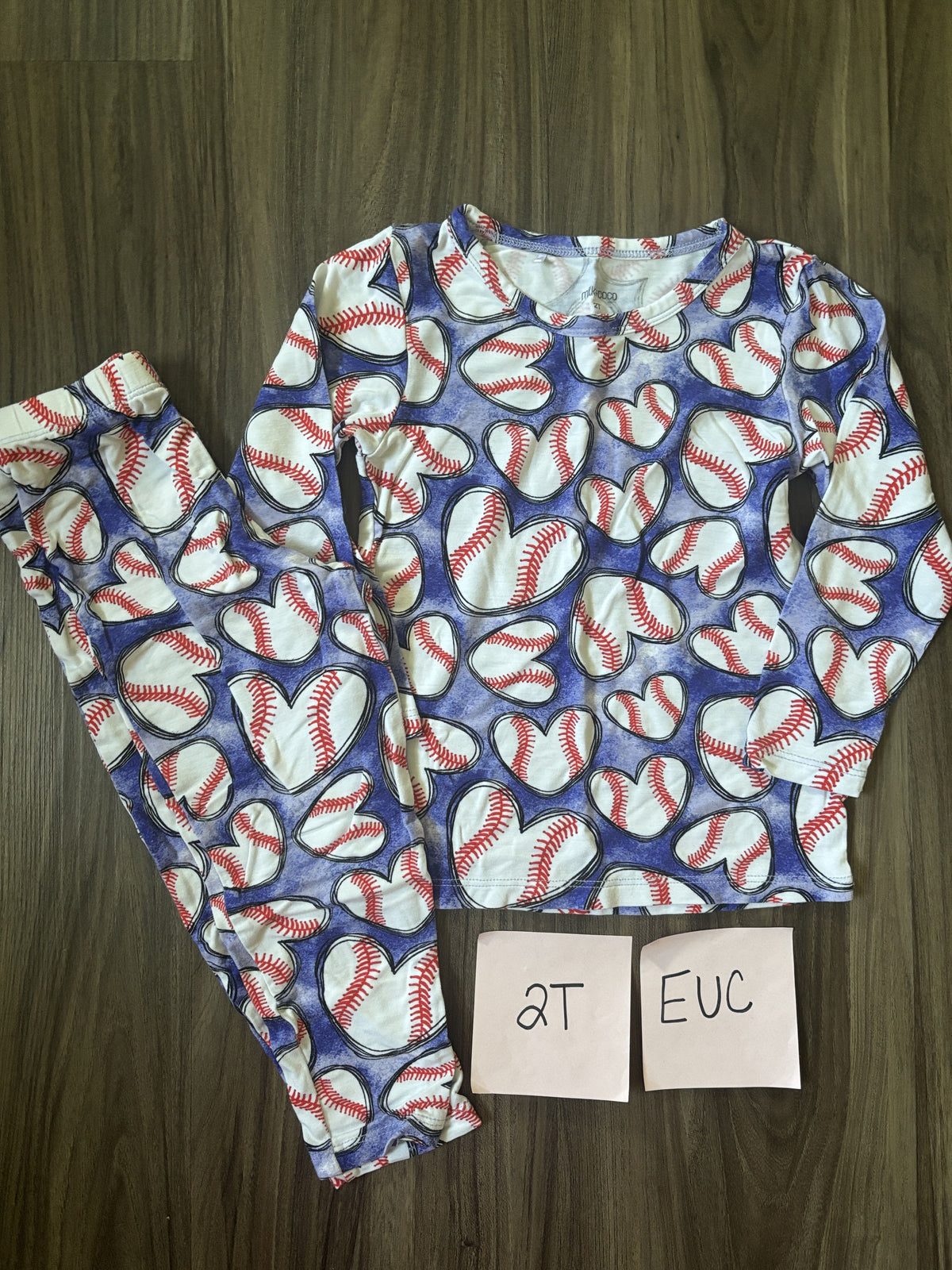 #138 - 2T EUC Bamboo (Milk + Coco) Baseball Hearts PJs