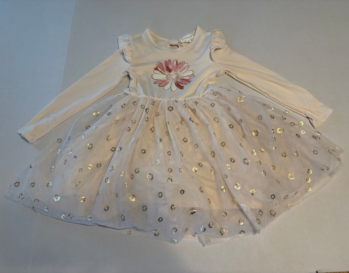 #25 Girls size 6 Btween cream long sleeve dress with flower and tulle detail