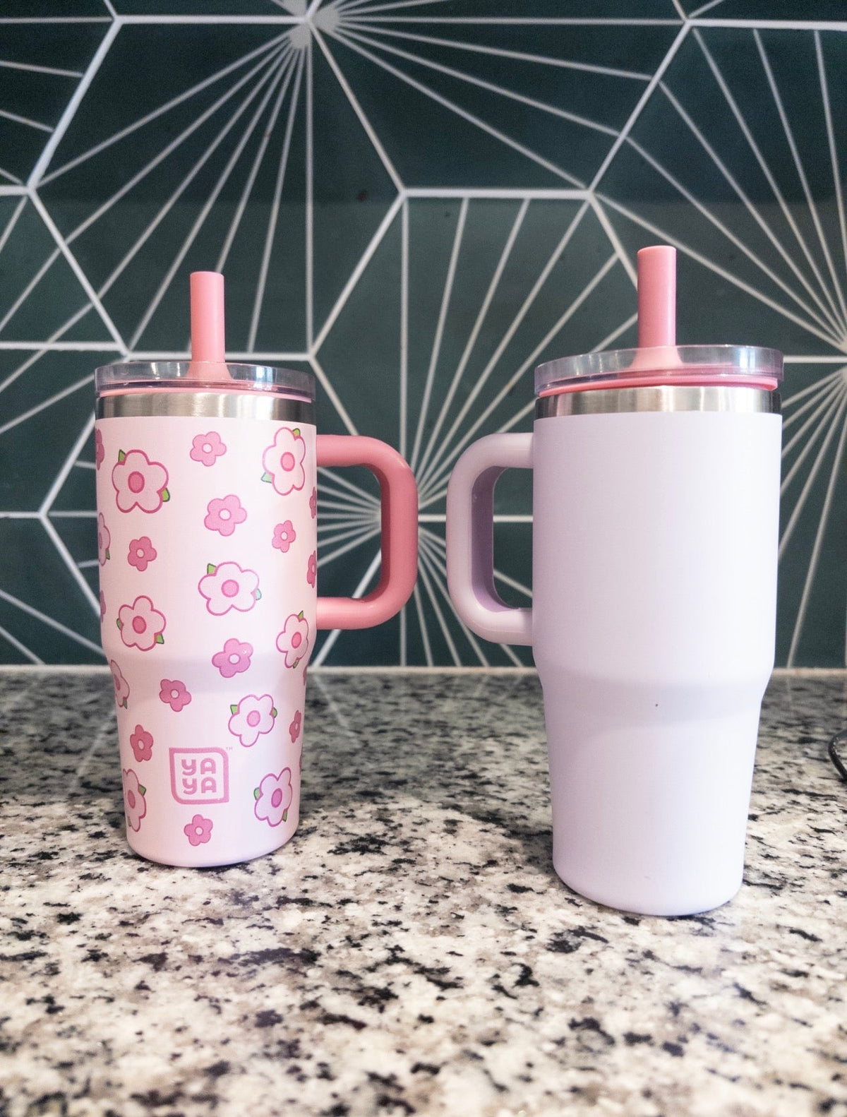 #36- Pink floral and purple spill free cups- EUC
