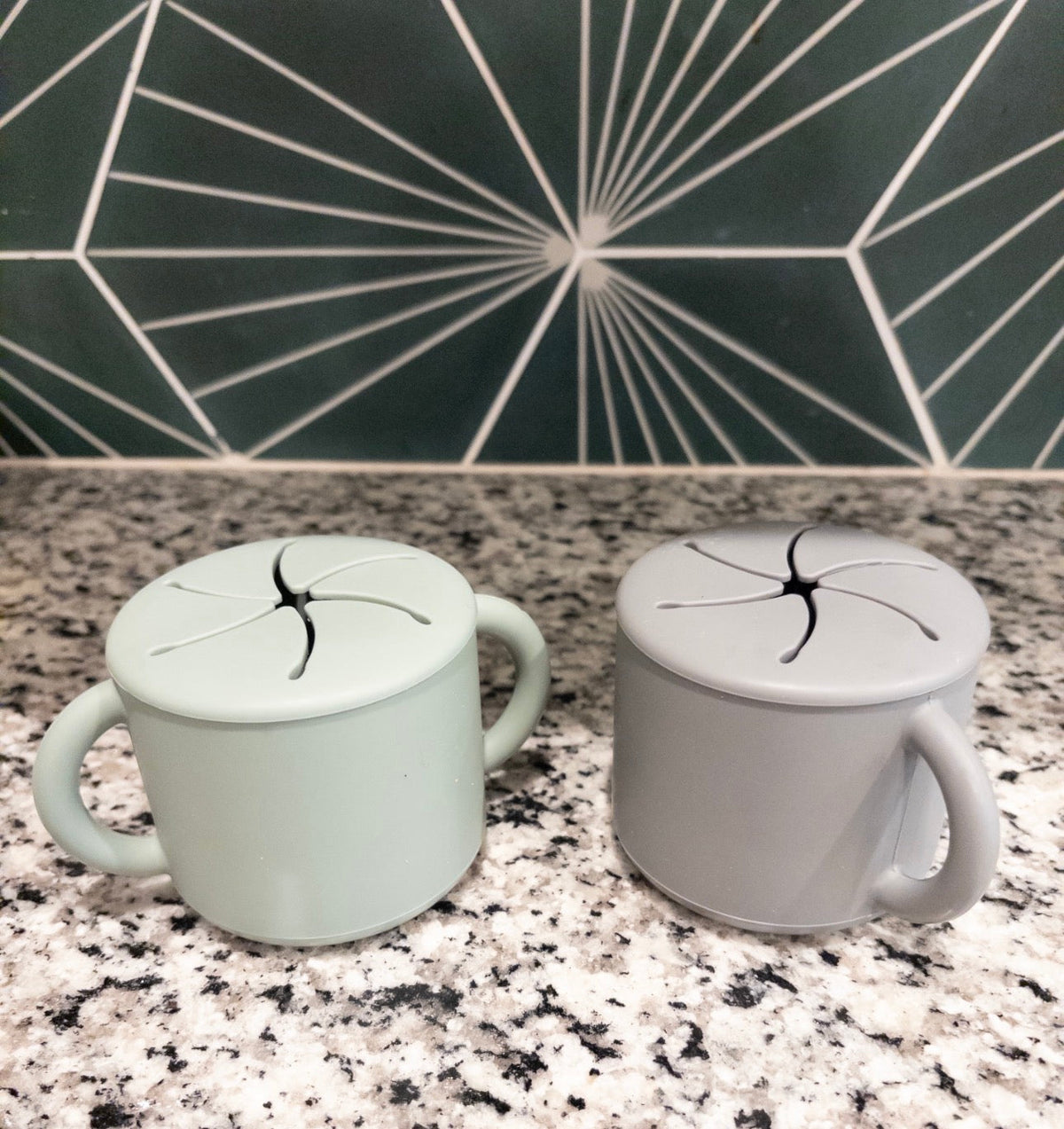 #36- silicone snack cups in green and gray