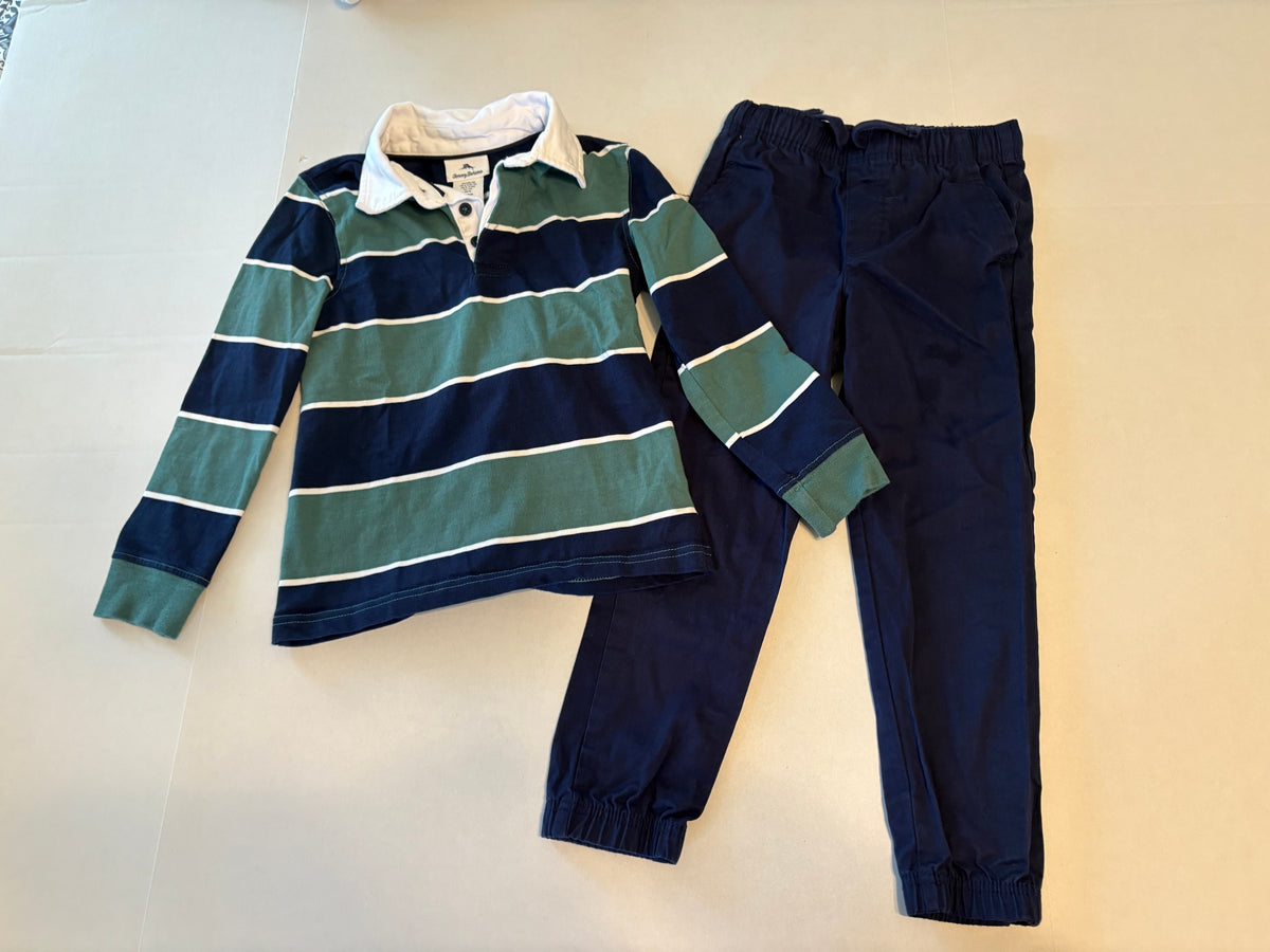 #25 Boys size 5/6 Tommy Bahama outfit - green/blue striped rugby shirt and navy blue pants