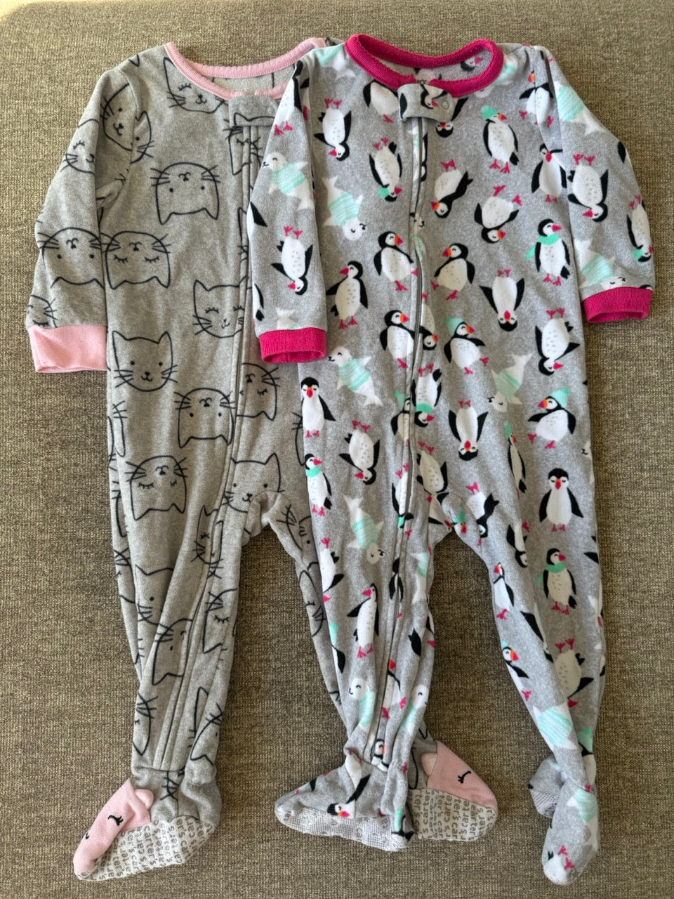 Seller #114 Carters Grey Fleece sleepers cat and penguin girls size 18 months