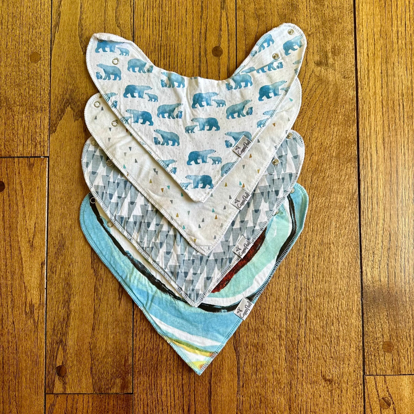 #95 GUC Infant Copper Pearl Blue Polar Bear Cloth Bandanas / Bibs, set of 4 REDUCED