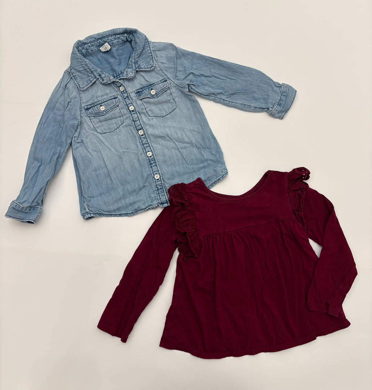 #121 girls 3T shirts set of two, Baby Gap chambray and Cat & Jack burgundy, VGUC