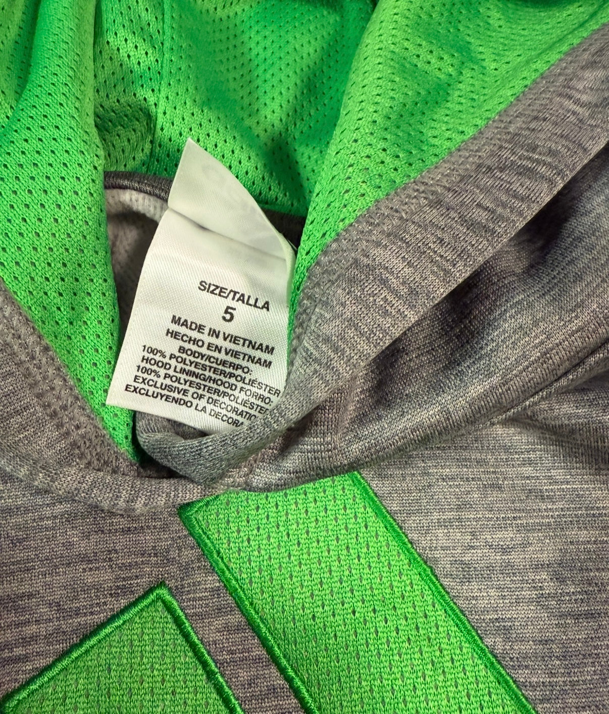 #155 grey Adidas hoodie with green writing, boys size 5