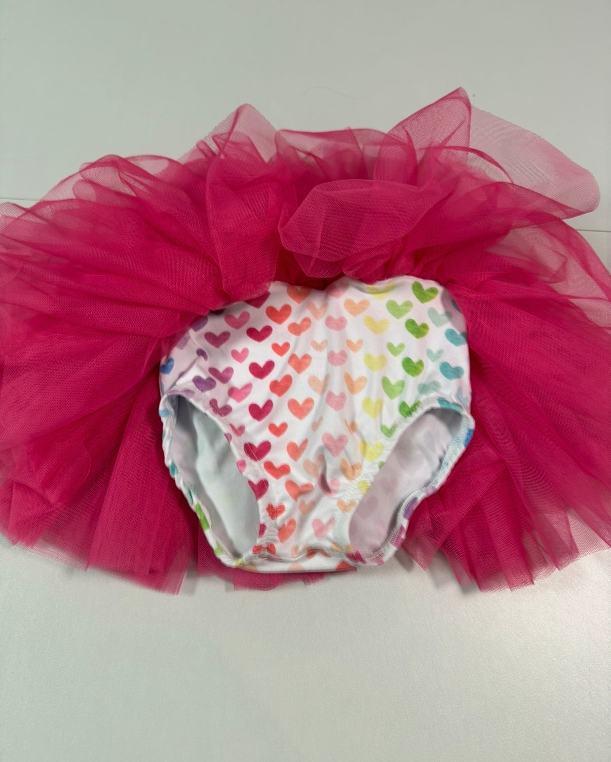#155 Reduced! Leotudes hot pink with multicolor hearts bloomer tutu, size 2-3