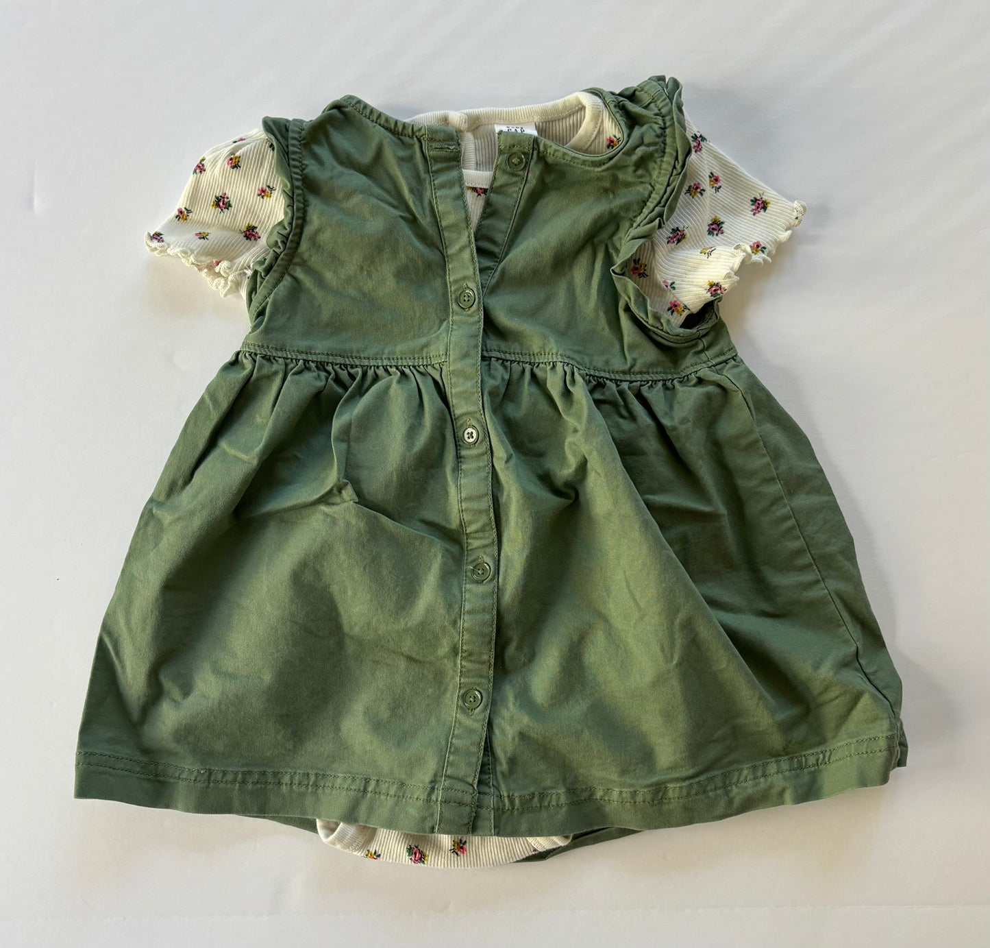 #101 Gap Floral Cream Ruffle Sleeve Green Jumper Girls Size 18-24 months