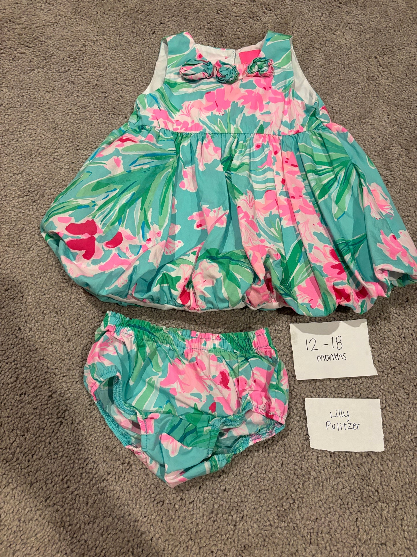 #77 - 12-18 Mo - EUC Lilly Pulitzer - Green/Pink Rossette Dress with diaper cover
