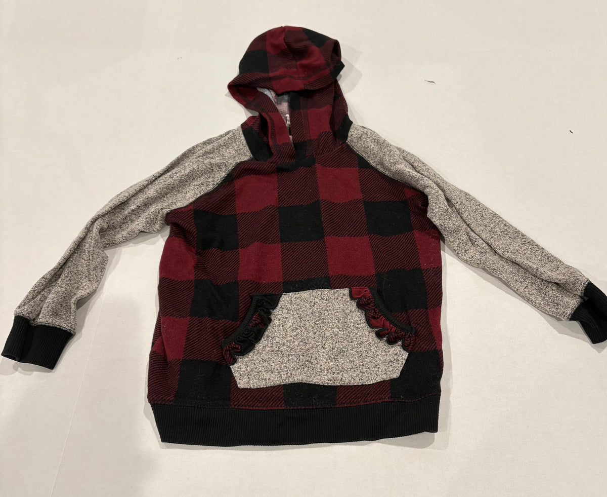 #25 Girls 4T Ricrac and Ruffles gray and plaid hooded soft sweatshirt with ruffle detail
