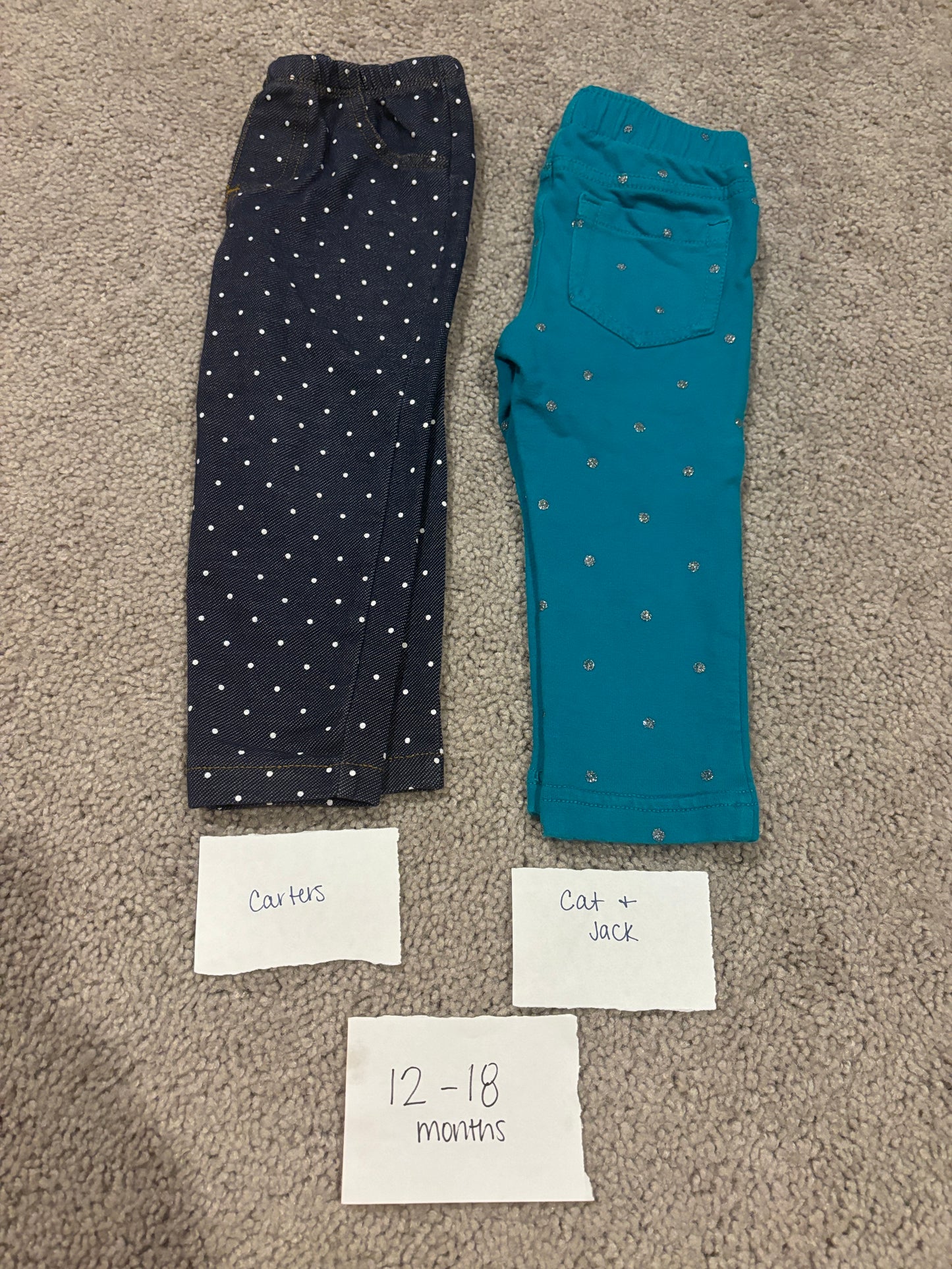 #138 - 12-18 Mo - VGUC Carters + Cat & Jack - 2 Pair Pants (Denim Polka Dot + Turquoise) - PU 45236