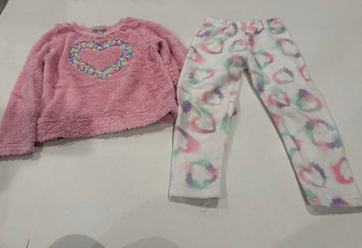 #25 Girls size 6 Btween really cozy pink sweatshirt and white fleece pants with hearts