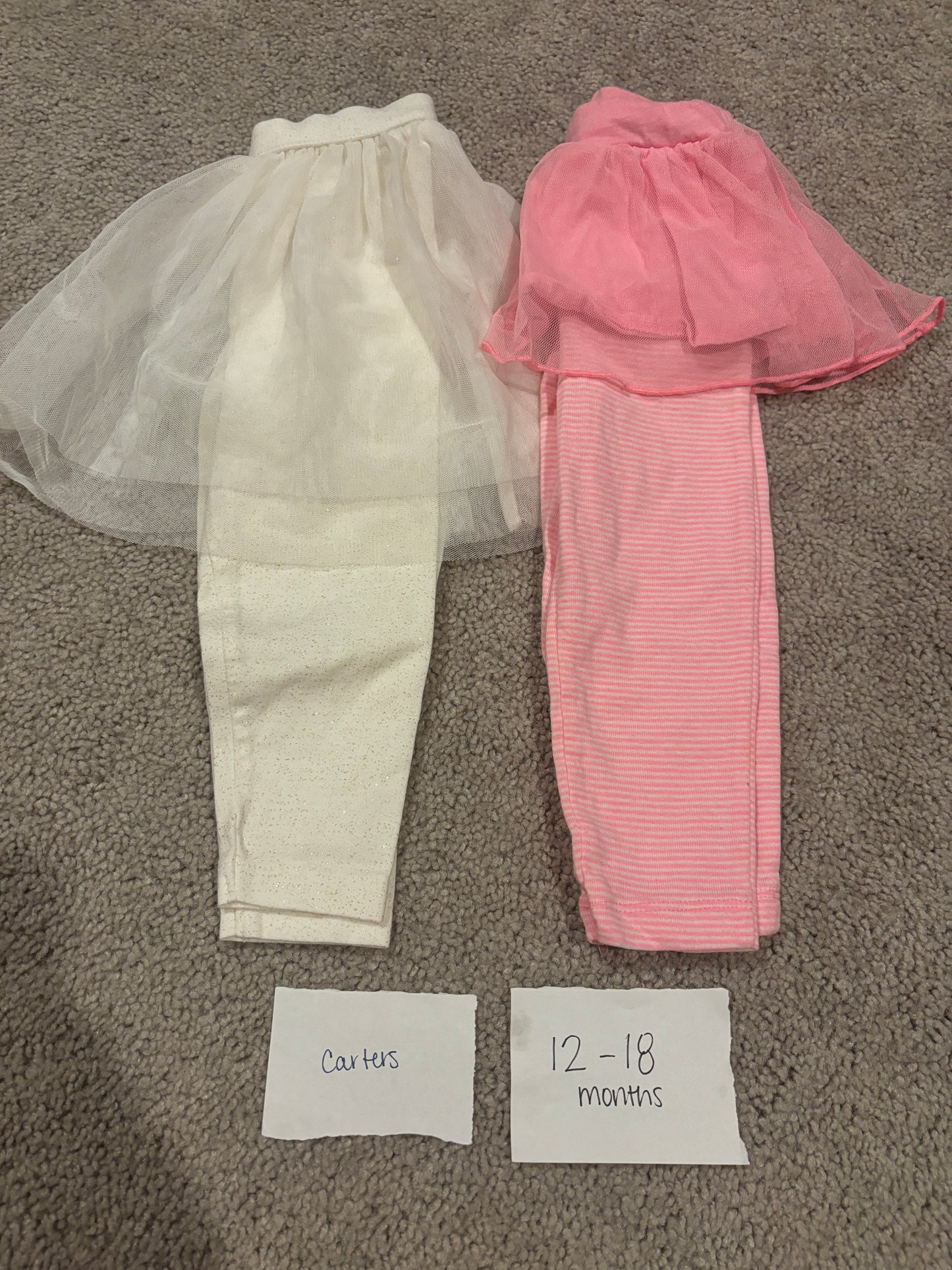 #138 - 12-18 Mo - VGUC Carters - 2 Pair Tutu Pants (White + Pink) - PU 45236