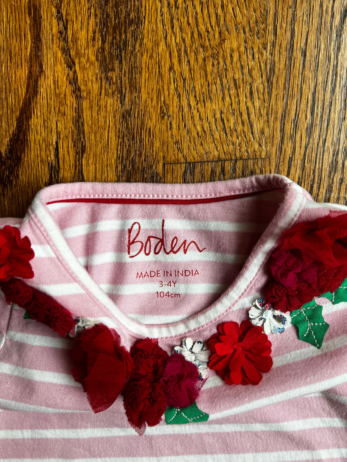 Seller #115 - Boden 3-4Y Pink/White Striped Shirt with Holly Berries, VGUC
