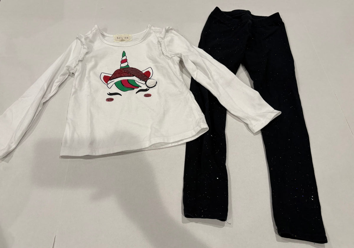 #25 Girls 5 Btween long sleeve white shirt with Christmas unicorn (wash wear on sleeves) and 5T Cat and Jack black sparkly leggings