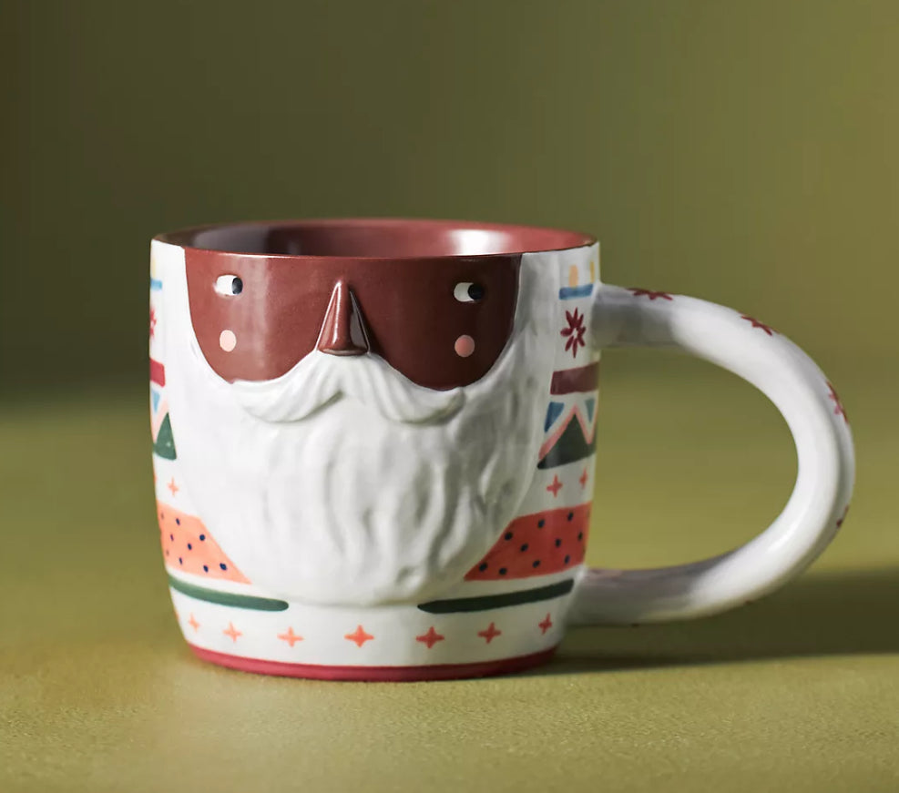 #116 Anthropologie Fotini Mr. & Mrs. Claus Stoneware Holiday Christmas Mugs set